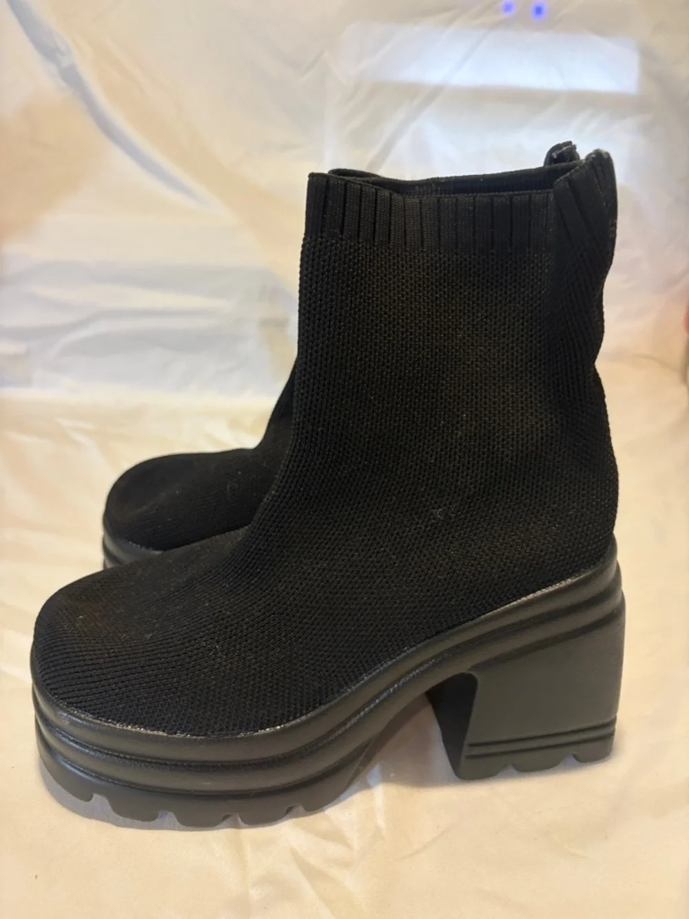 Black Platform Sock Boots - Women's Modern Chunky Heel - Picture 6 of 7